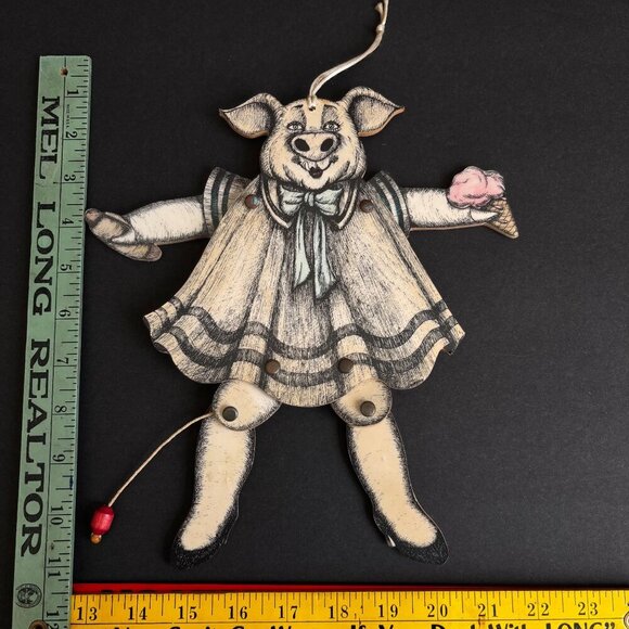 Susan Fevest Vintage Articulated‎ Wooden Pig Ornament Pull String Folk Art - Picture 3 of 5